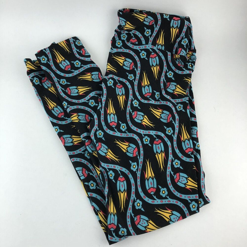 LULAROE ONE SIZE OS Flowers Floral Spring Coral Blue Leggings X2